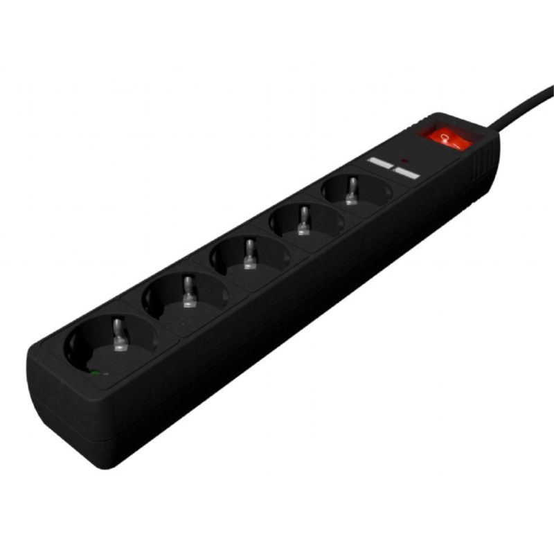 REGLETA CON CARGADOR USB, 5 ENCHUFES, 1.5 M, USB 2A, COLOR NEGRO