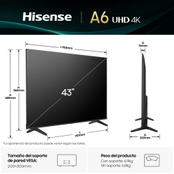 Hisense 43A6Q Televisor 109,2 cm (43") 4K Ultra HD Smart TV Wifi Negro 300 cd / m²